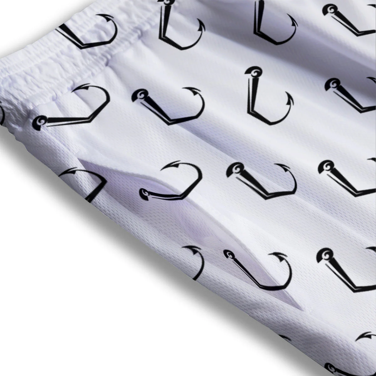 Fishing Hooks White And Black Print Pattern Mesh Shorts - Image 3