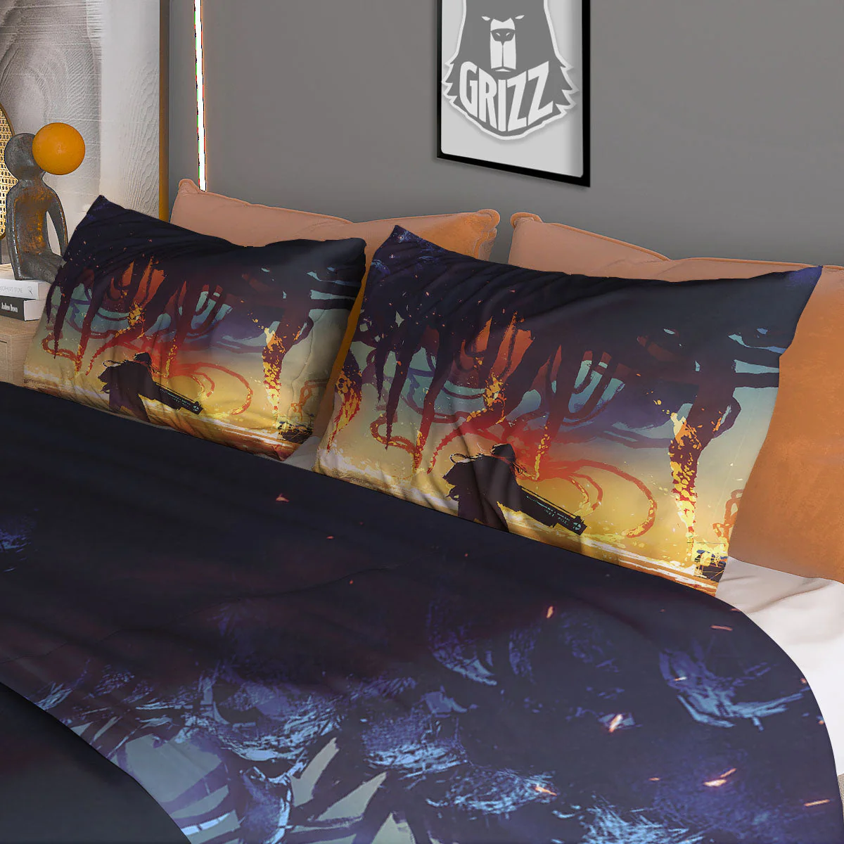 Girl Fight With Alien Octopus Monster Print Duvet Cover Bedding Set - Image 3