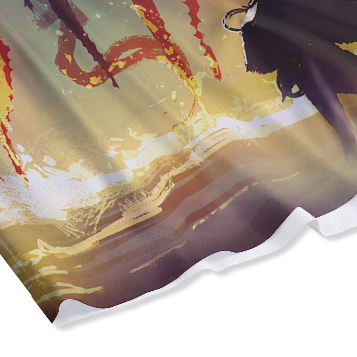 Girl Fight With Alien Octopus Monster Print Mesh Shorts - Image 4