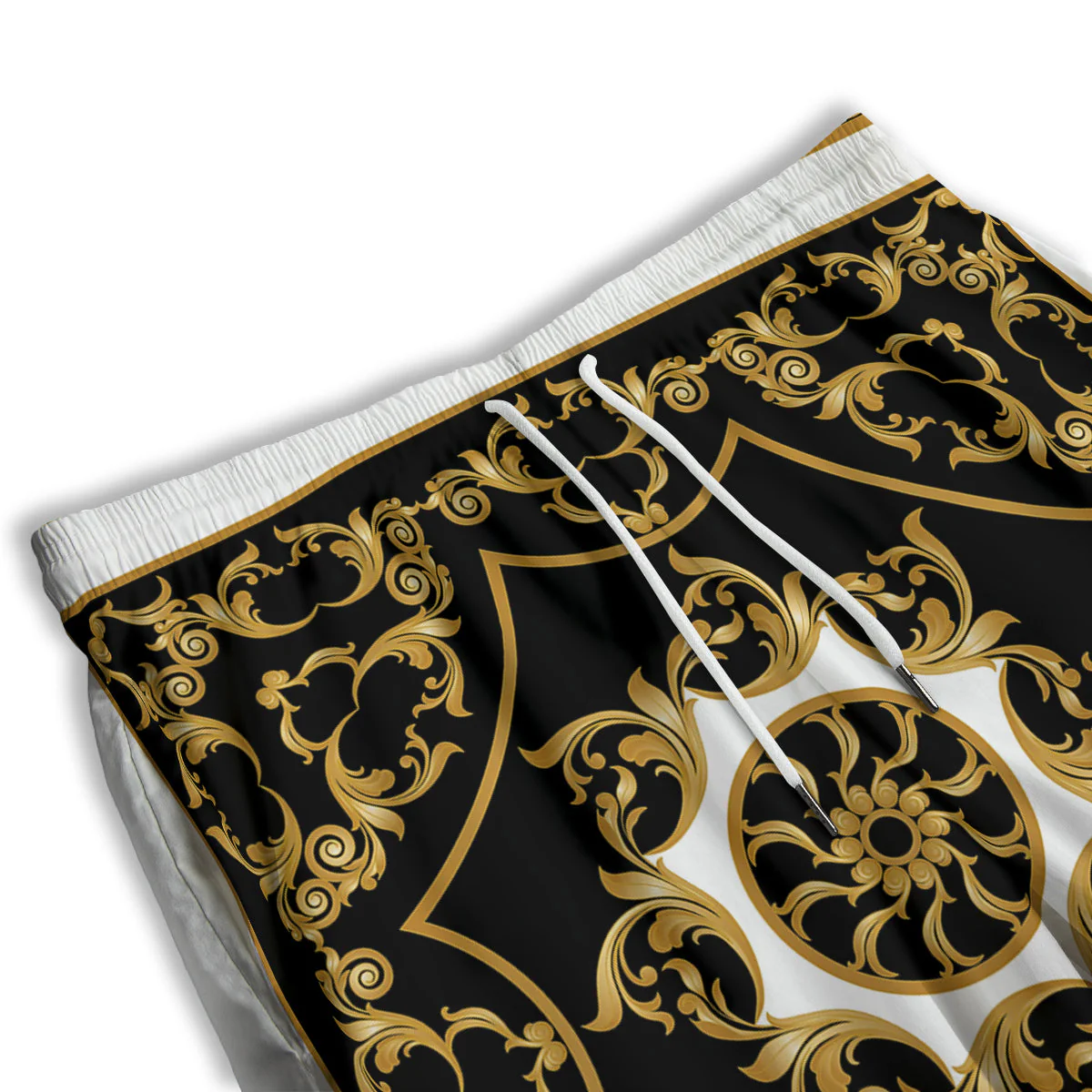 Golden Floral Baroque Black White Print Men's Athletic Shorts - Image 3