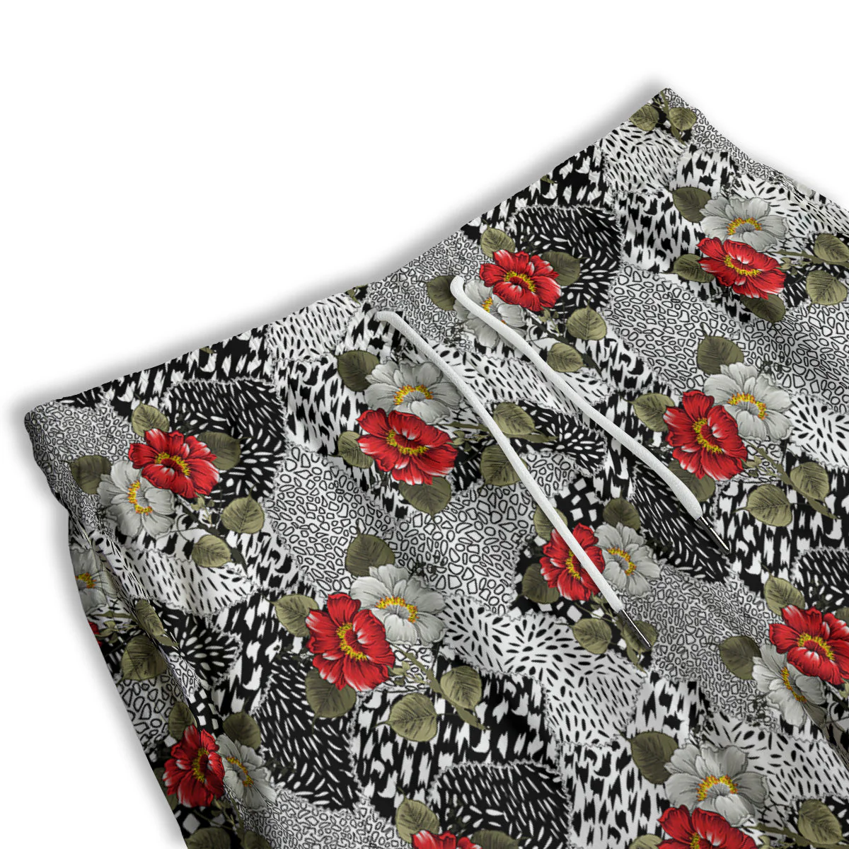 Patchwork Black White And Floral Print Pattern Men's Athletic Shorts - Image 3